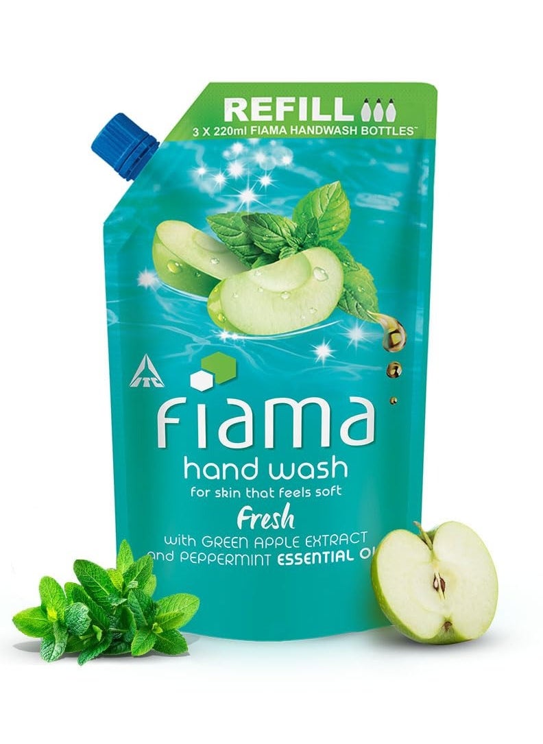 Fresh Hand Wash, 750 ml Refill Pack, Value Pouch, Peppermint Oil & Green Apple Extract Handwash, for Soft & Supple Hands