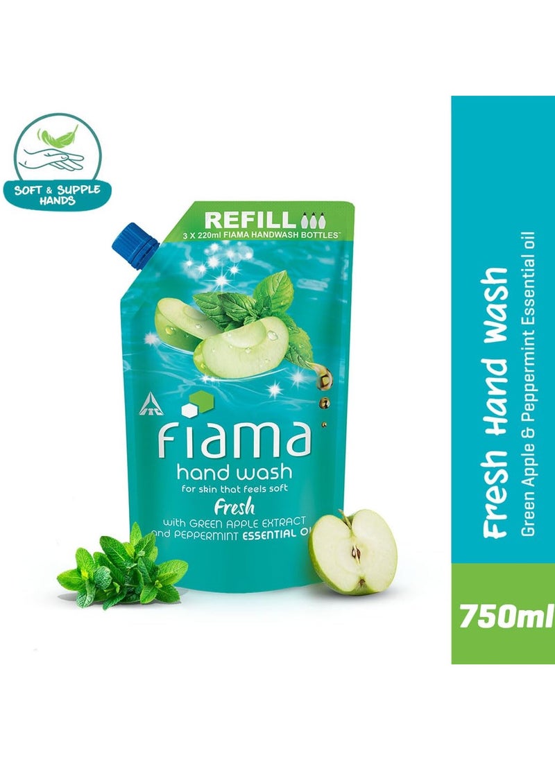 Fresh Hand Wash, 750 ml Refill Pack, Value Pouch, Peppermint Oil & Green Apple Extract Handwash, for Soft & Supple Hands