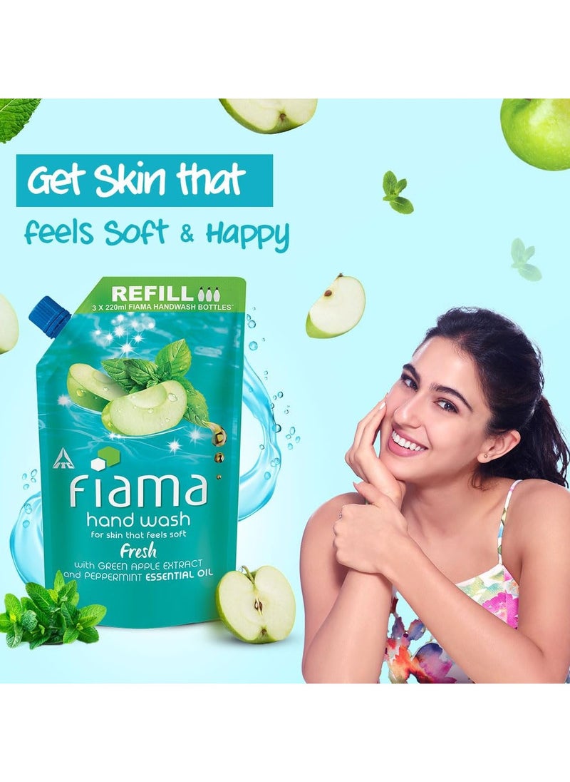 Fresh Hand Wash, 750 ml Refill Pack, Value Pouch, Peppermint Oil & Green Apple Extract Handwash, for Soft & Supple Hands