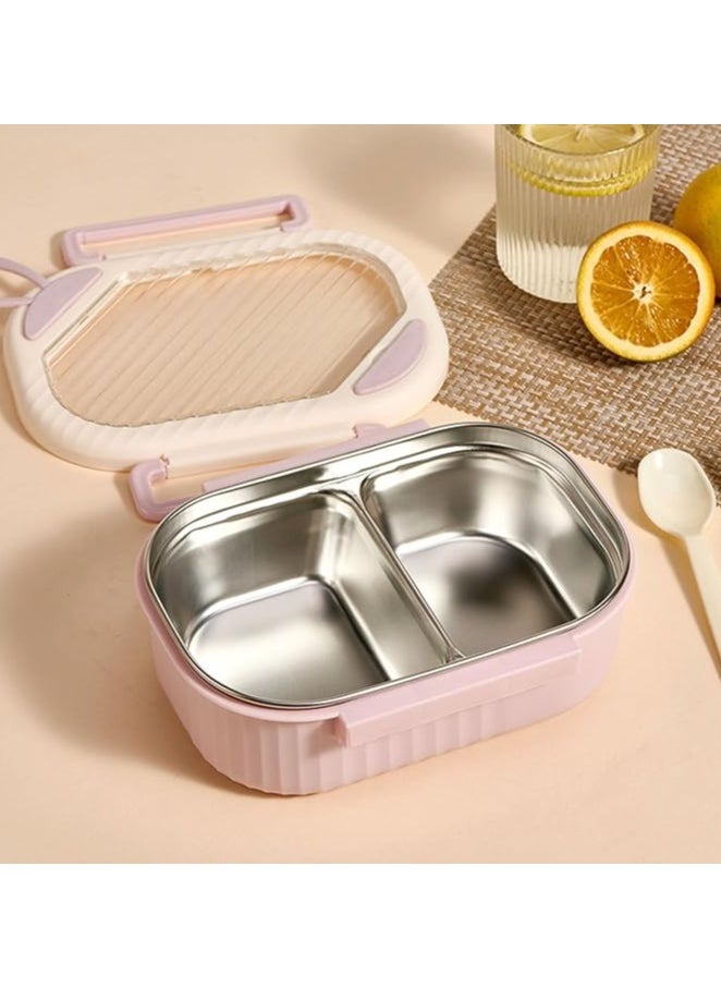 Stainless Steel Lunch Box for Kid School Insulated Bento Lunch Box 2 Compartment Divided Lunch Containers with Lids Leakproof BFA Free Dishwasher Safe Strip Pink.