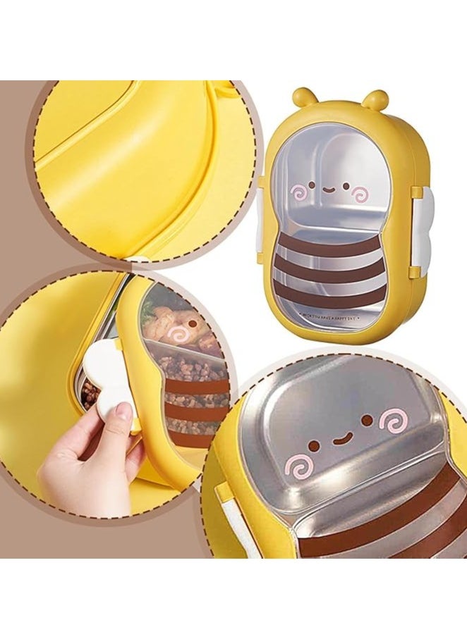 Stainless Steel Lunch Box for Kid School Insulated Bento Lunch Box 2 Compartment Divided Lunch Containers with Lids Leakproof BFA Free Dishwasher Safe Bee Yellow.