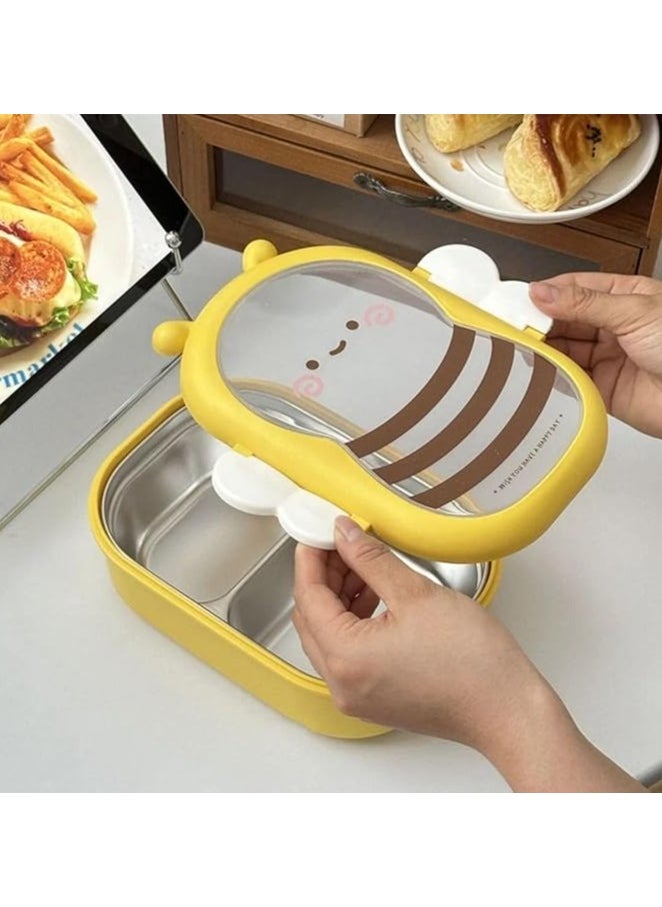 Stainless Steel Lunch Box for Kid School Insulated Bento Lunch Box 2 Compartment Divided Lunch Containers with Lids Leakproof BFA Free Dishwasher Safe Bee Yellow.