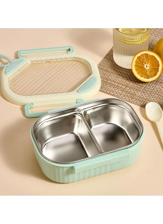 Stainless Steel Lunch Box for Kid School Insulated Bento Lunch Box 2 Compartment Divided Lunch Containers with Lids Leakproof BFA Free Dishwasher Safe Strip Green.