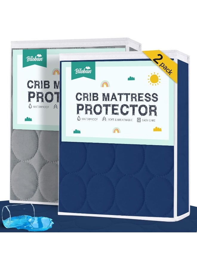 Biloban Crib Mattress Protector 2 Pack, Waterproof, Durable, Grey & Navy, Absorbent, Noiseless, Fits Standard 28 x 52 x 5 Inch Mattresses