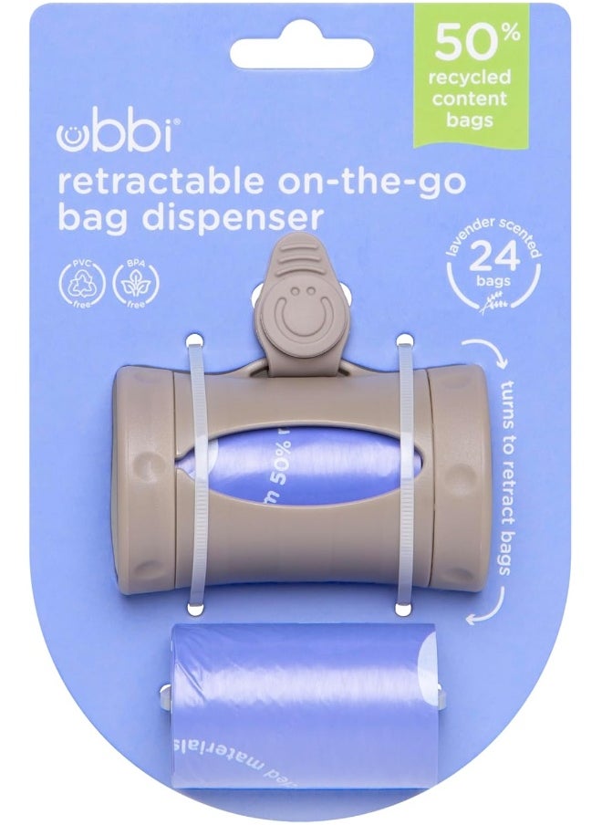 Ubbi Retractable On-the-Go Bag Dispenser for Baby Travel, Diaper Bag Accessory Must Have for Newborns, Helpful Baby Accessory, Taupe