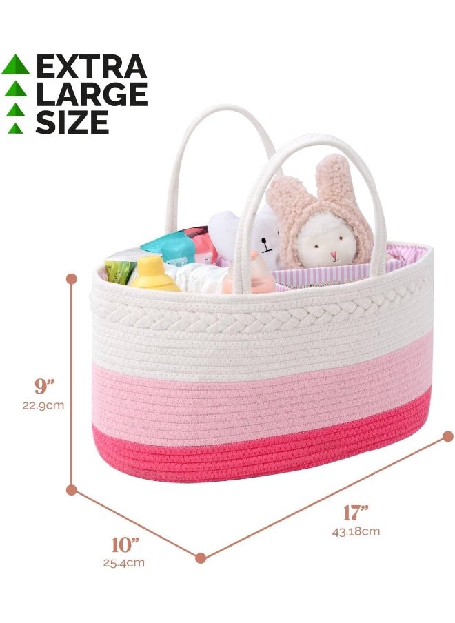 Baby Diaper Caddy Organizer, Extra Large Cotton Rope Nursery Diaper Basket, Changing Table Organizer, Portable Tote Bag with Divider, Car Storage, Baby Shower Gifts for Newborn Girls - Pink