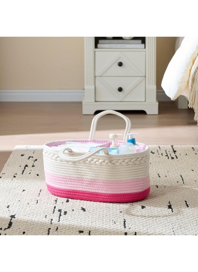 Baby Diaper Caddy Organizer, Extra Large Cotton Rope Nursery Diaper Basket, Changing Table Organizer, Portable Tote Bag with Divider, Car Storage, Baby Shower Gifts for Newborn Girls - Pink