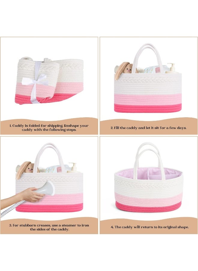 Baby Diaper Caddy Organizer, Extra Large Cotton Rope Nursery Diaper Basket, Changing Table Organizer, Portable Tote Bag with Divider, Car Storage, Baby Shower Gifts for Newborn Girls - Pink