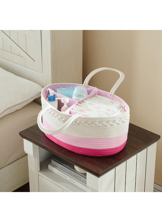 Baby Diaper Caddy Organizer, Extra Large Cotton Rope Nursery Diaper Basket, Changing Table Organizer, Portable Tote Bag with Divider, Car Storage, Baby Shower Gifts for Newborn Girls - Pink
