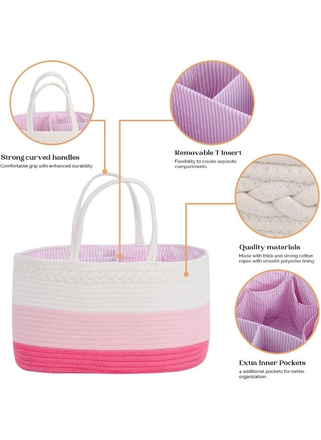 Baby Diaper Caddy Organizer, Extra Large Cotton Rope Nursery Diaper Basket, Changing Table Organizer, Portable Tote Bag with Divider, Car Storage, Baby Shower Gifts for Newborn Girls - Pink