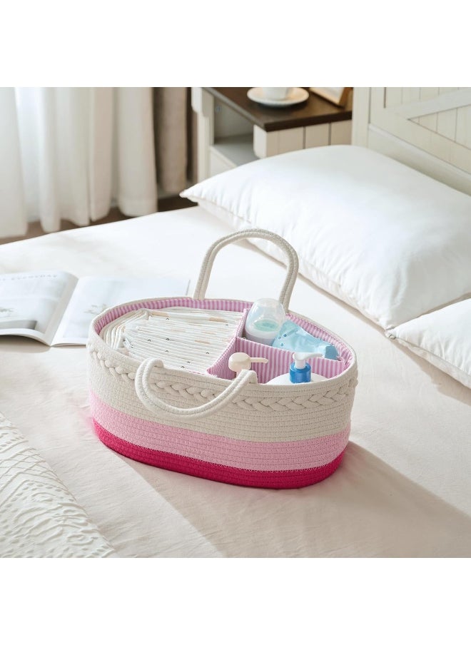 Baby Diaper Caddy Organizer, Extra Large Cotton Rope Nursery Diaper Basket, Changing Table Organizer, Portable Tote Bag with Divider, Car Storage, Baby Shower Gifts for Newborn Girls - Pink