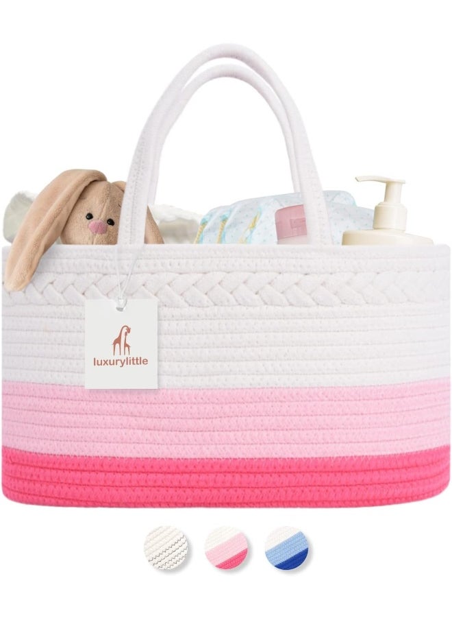 Baby Diaper Caddy Organizer, Extra Large Cotton Rope Nursery Diaper Basket, Changing Table Organizer, Portable Tote Bag with Divider, Car Storage, Baby Shower Gifts for Newborn Girls - Pink