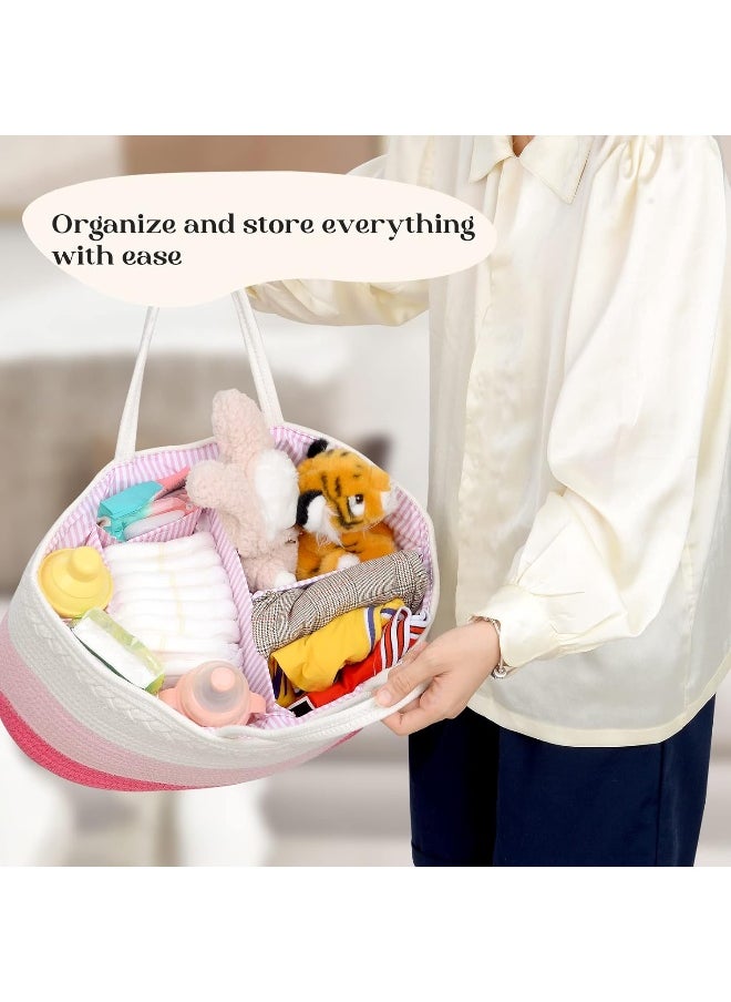 Baby Diaper Caddy Organizer, Extra Large Cotton Rope Nursery Diaper Basket, Changing Table Organizer, Portable Tote Bag with Divider, Car Storage, Baby Shower Gifts for Newborn Girls - Pink