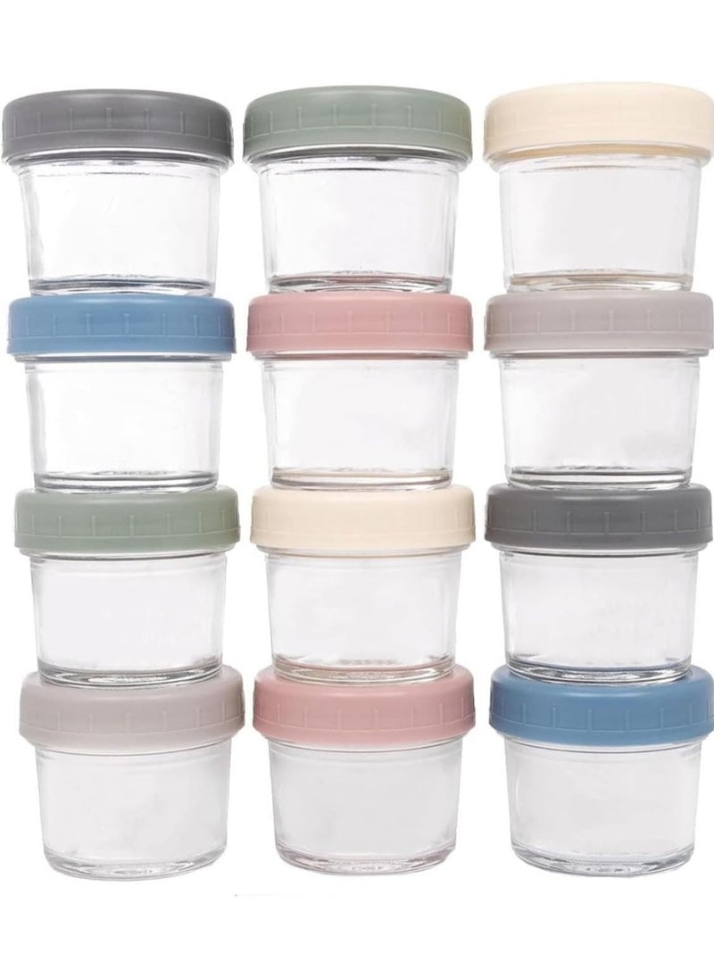 Glass Baby Food Storage Jars Lids (4 oz, 12 Pack) Snack, Puree, Reusable Containers, Fridge or Freezer, Microwave & Dishwasher Safe, Essential Must Have for Infants, Random color