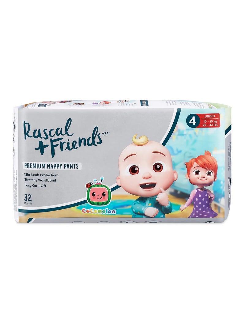 Rascal + Friends CoComelon Edition Premium Pant Style Nappies Size 4, 10-15kg, 12hr Absorption, Stretch Waist - 32Pieces