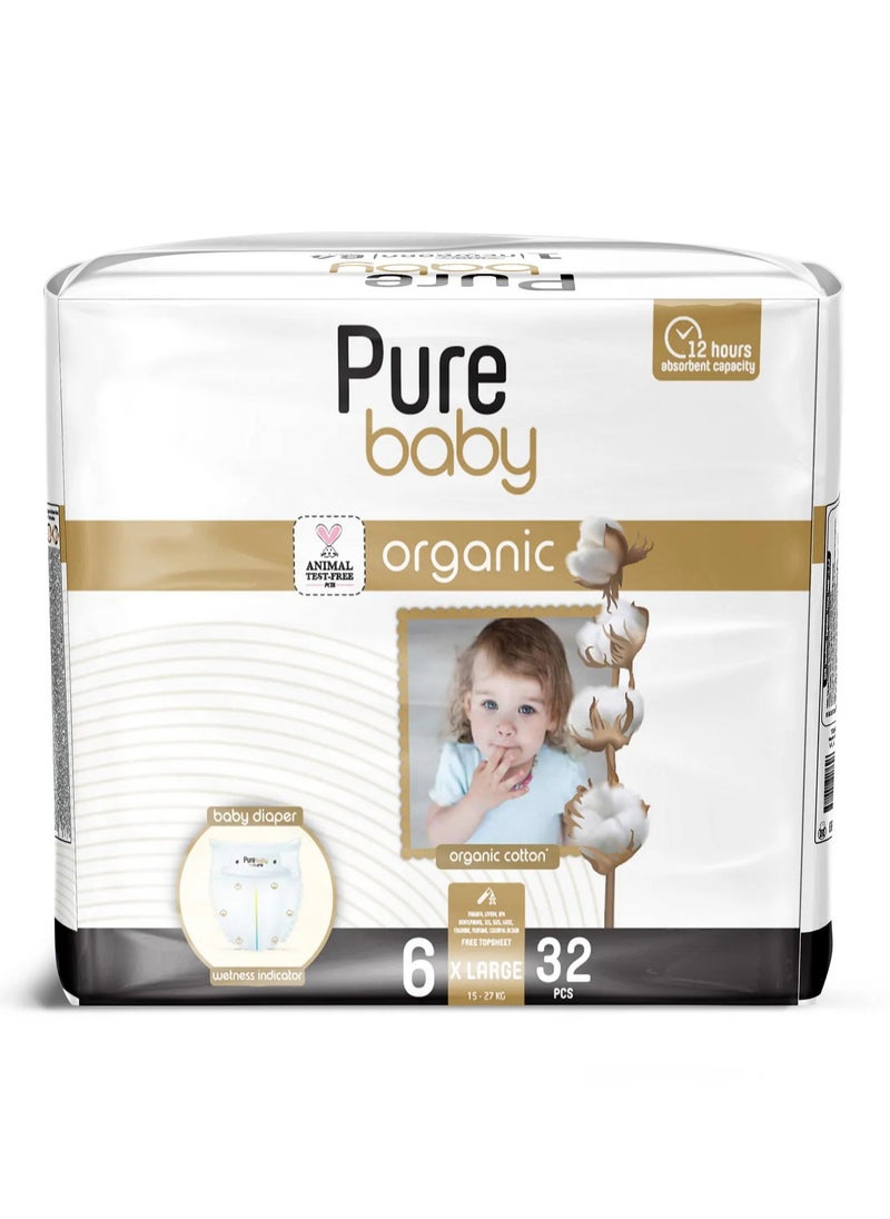 Pure Baby Organic Cotton Core Tape Style Diapers, 32 Pieces, Size 6 XL, 15-27 kg - Comfort Fit, 12Hours Dryness, Wetness Indicator