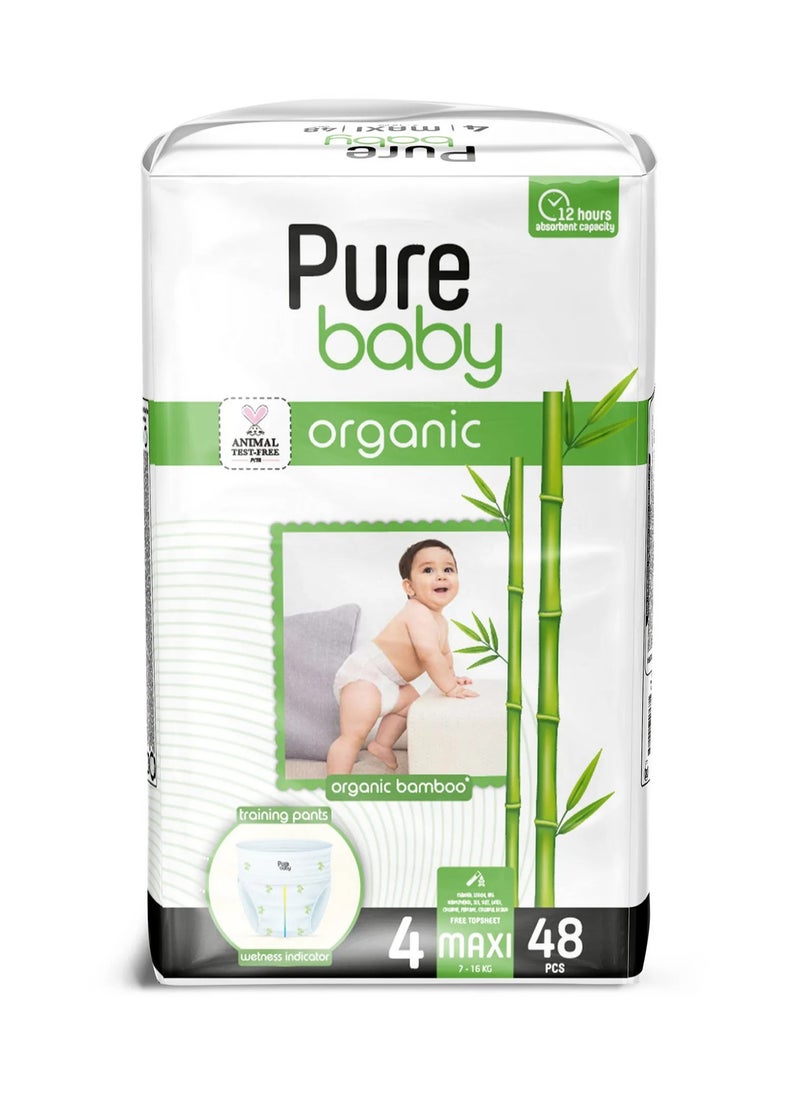 Pure Baby Organic Bamboo Pant Style Diapers, 48 Pieces, Maxi Size 4, 7-16kg - Comfort Flex, Wetness Indicator, Cruelty Free, 12Hrs Dryness