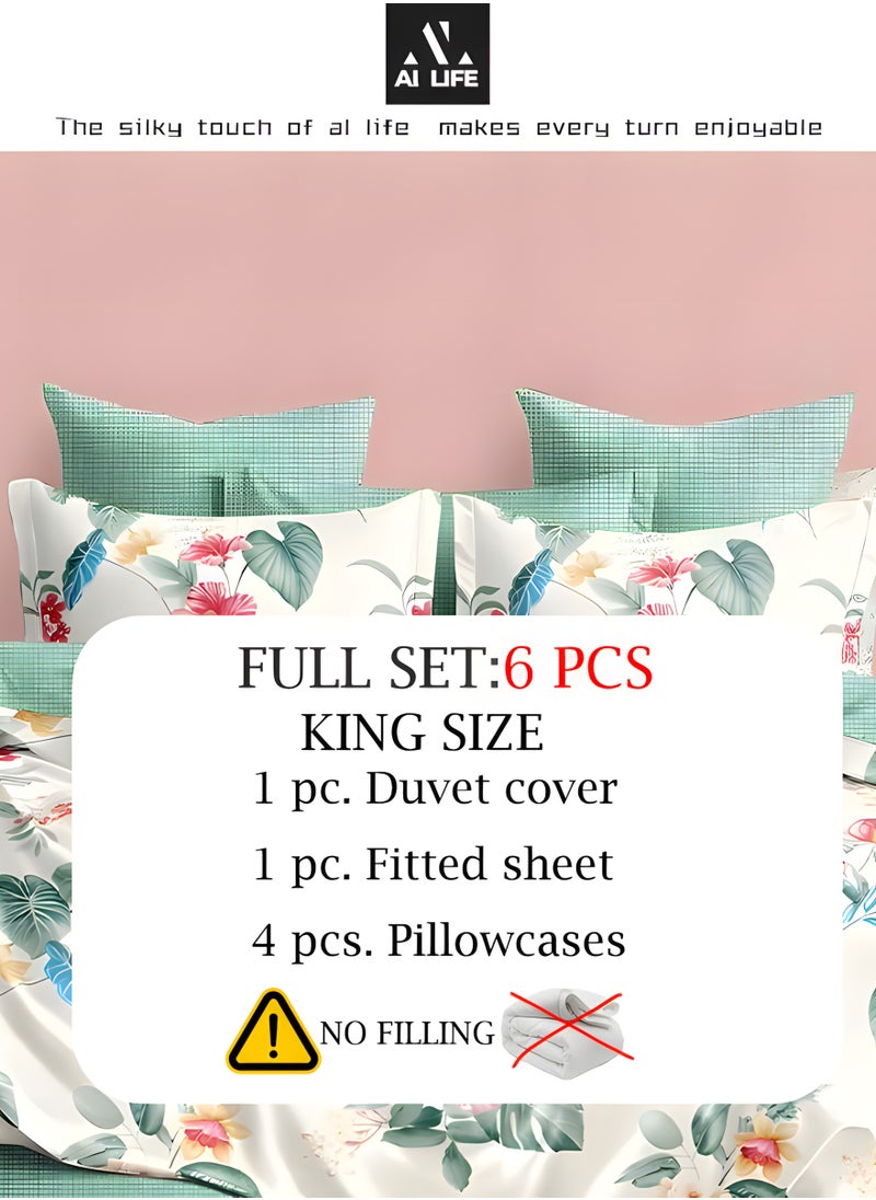 AI LIFE Luxurious King Size Bedsheet Set - 6 Piece High Quality Bedsheet Set 1 Duvet Cover with 1 Fitted Sheet and 4 Pillowcases - Soft and Breathable Microfiber Cotton for All Seasons