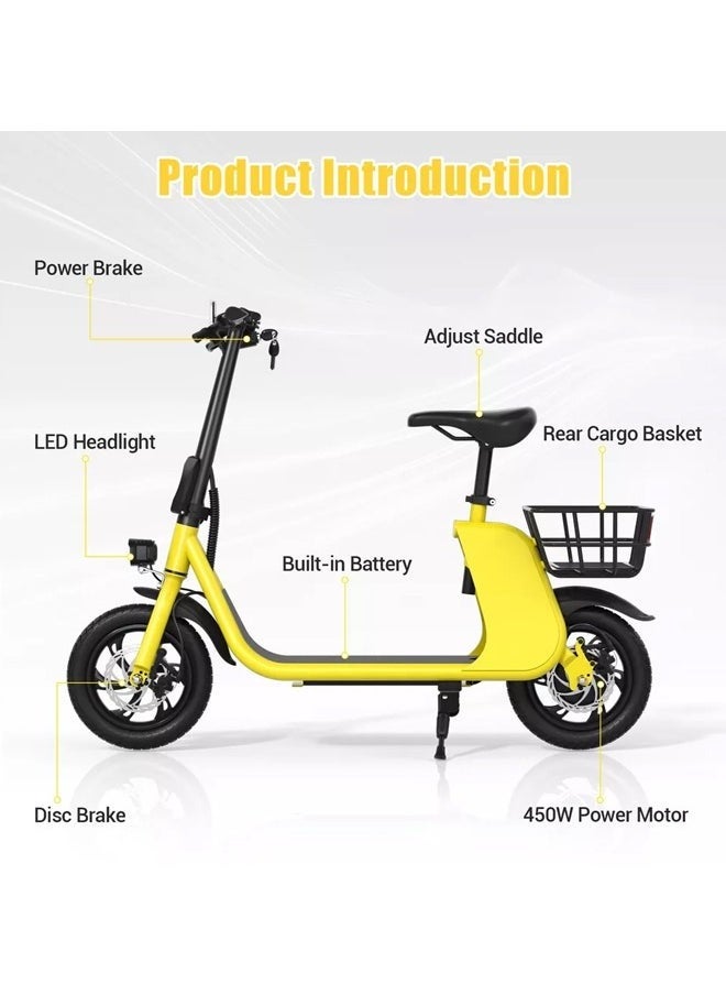 Premium Foldable Electric Scooter with Seat and Rear Basket, 450W Motor, 36V 8AH Battery, 25-35 KM/h Speed, Carbon Alloy Frame, 12.5 Inches Tires, Disk Brakes, Unisex Comfortable E-Scooter for Adults
