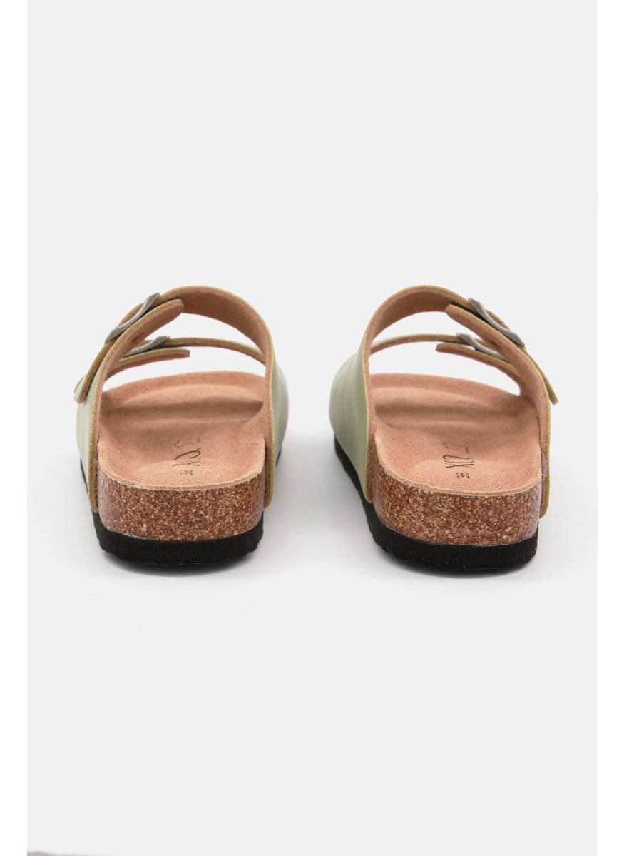 Women Double Buckle Slip On Cork Sandals, Faded Olive