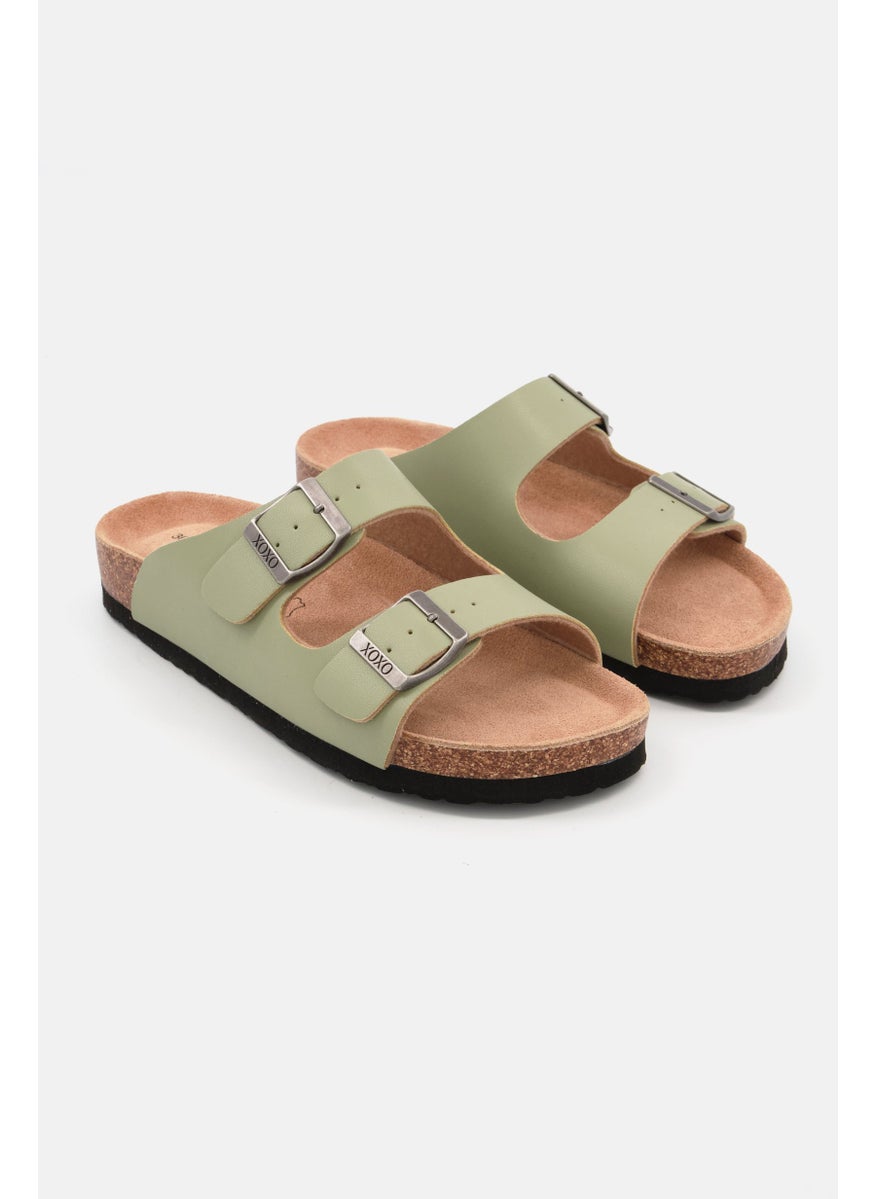Women Double Buckle Slip On Cork Sandals, Faded Olive