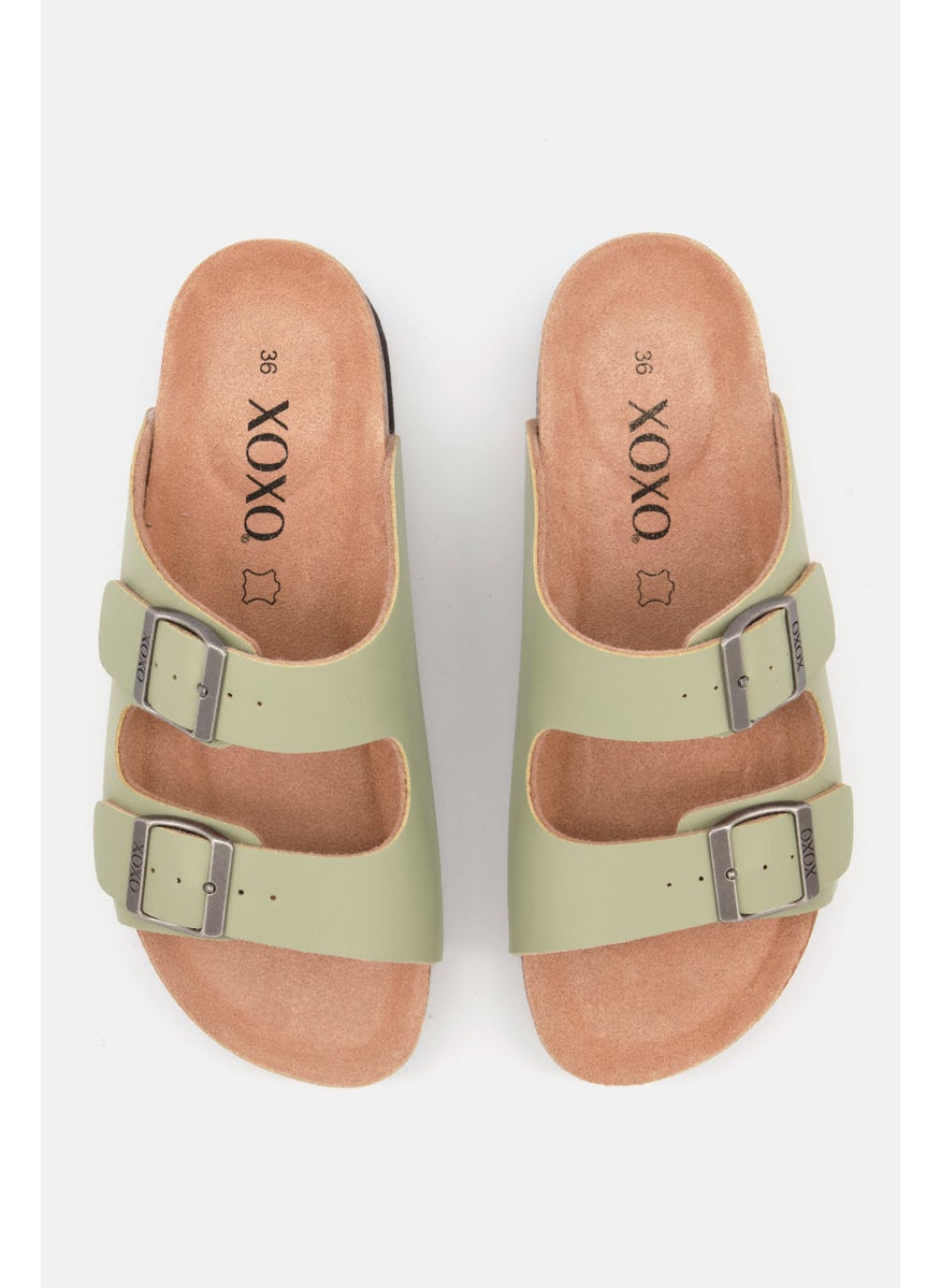 Women Double Buckle Slip On Cork Sandals, Faded Olive
