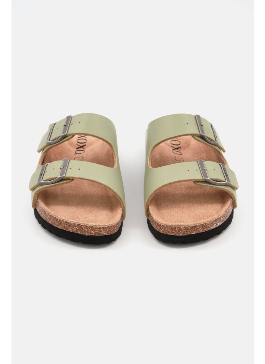 Women Double Buckle Slip On Cork Sandals, Faded Olive