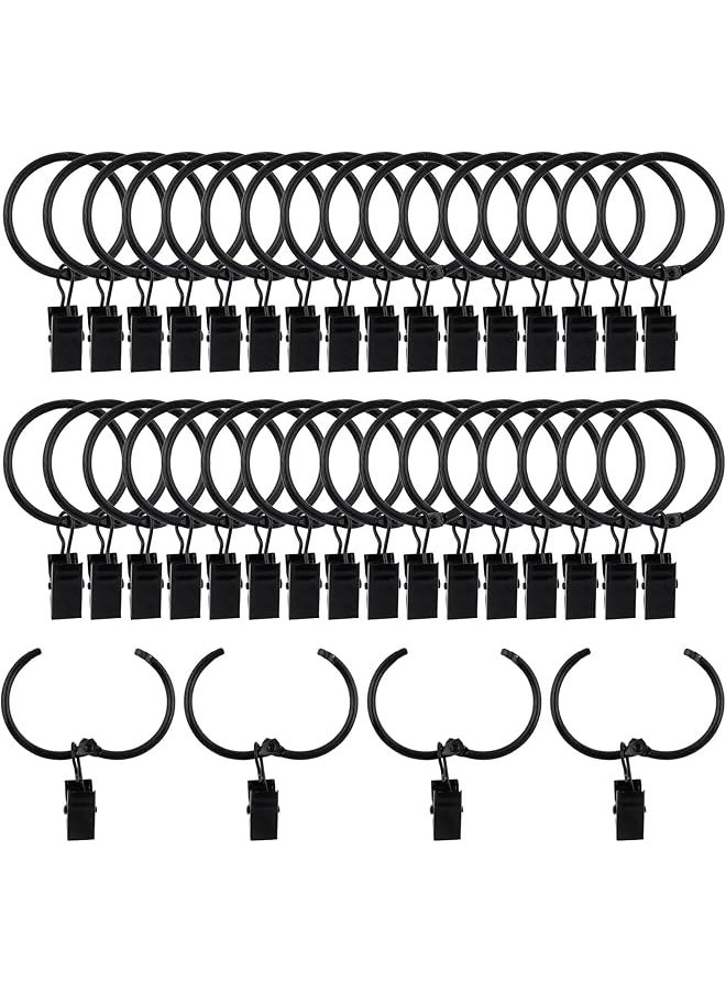 36Pcs 32mm/1.26in Black Openable Curtain Rings with Clips, Rustproof Metal Drapery Curtain Hanging Rings with Clips, Decorative Curtain Rod Clips Rings Hangers for Window Door Shower Curtain