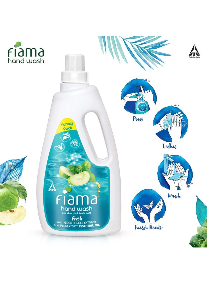 Fresh Hand Wash, 1000 ml Family Pack, with Green Apple Extracts and Peppermint Essential Oil, Soft and Supple Hands, Fragrant Handwash