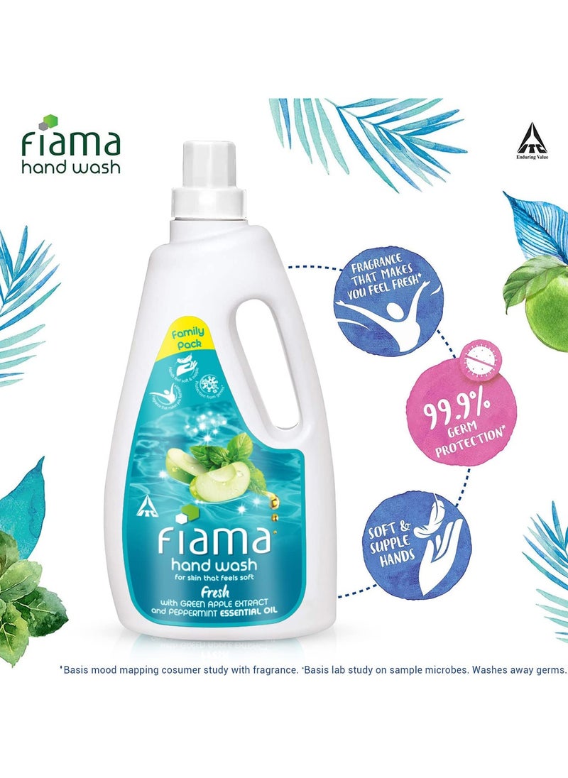 Fresh Hand Wash, 1000 ml Family Pack, with Green Apple Extracts and Peppermint Essential Oil, Soft and Supple Hands, Fragrant Handwash