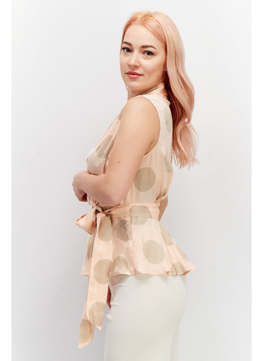 Women Surplice Neck Sleeveless Allover Print Top, Peach