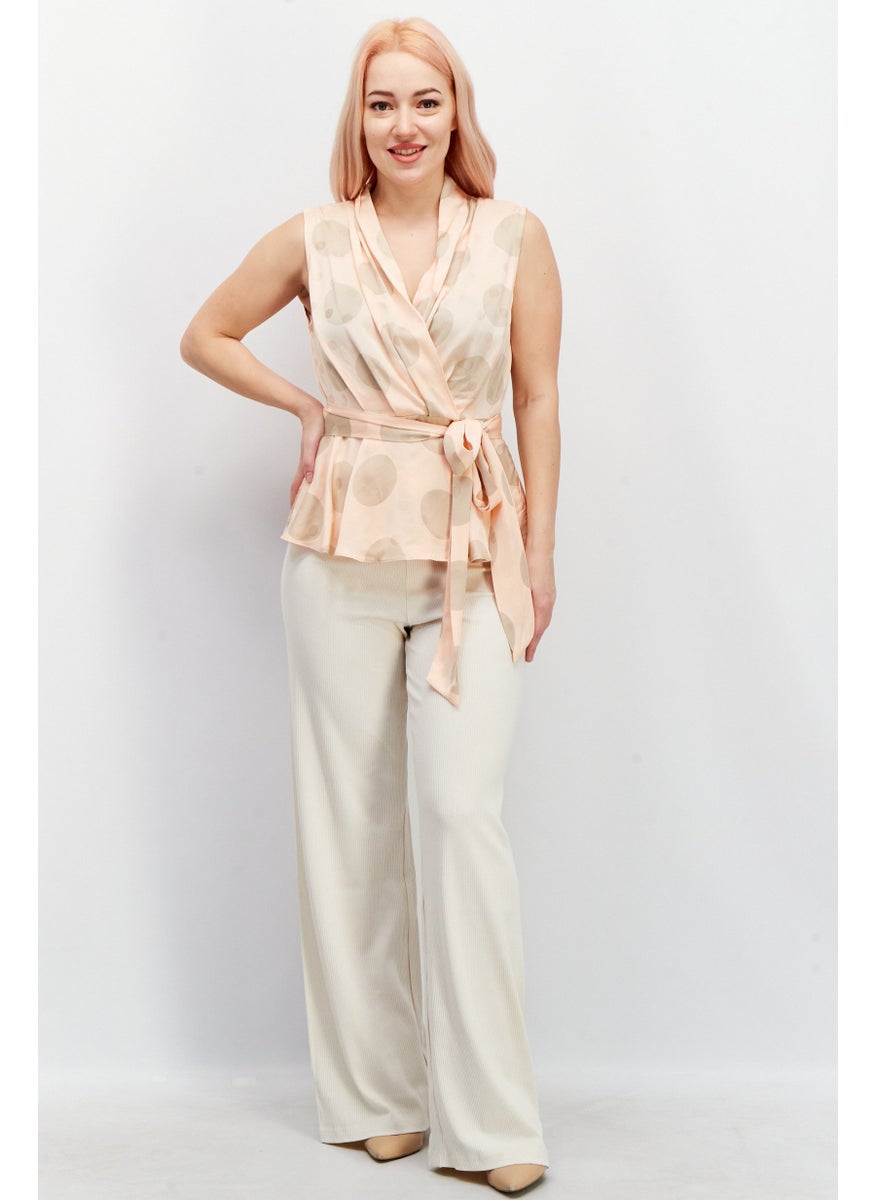 Women Surplice Neck Sleeveless Allover Print Top, Peach