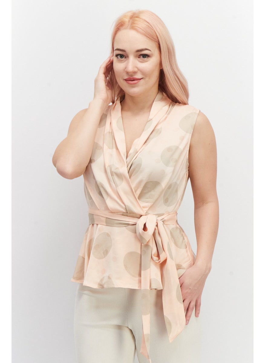 Women Surplice Neck Sleeveless Allover Print Top, Peach