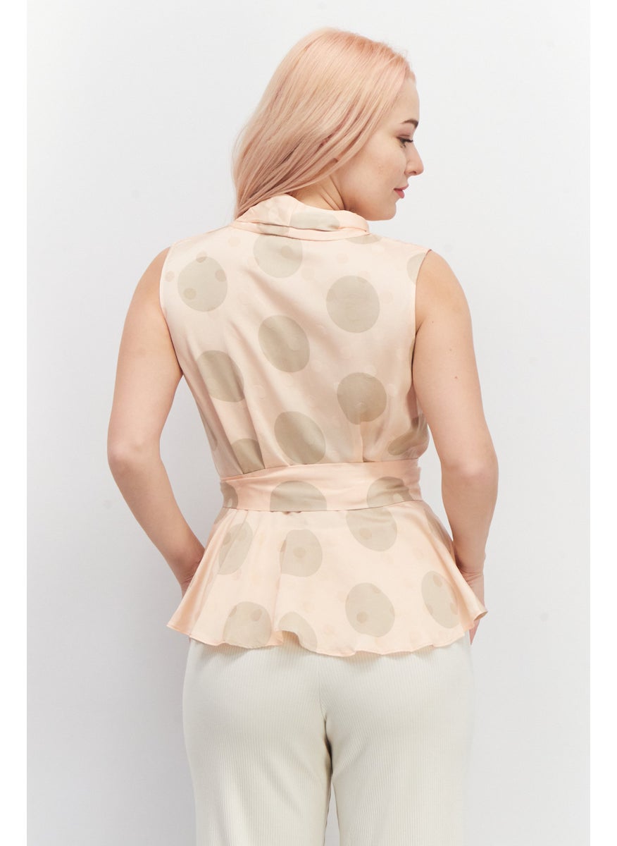 Women Surplice Neck Sleeveless Allover Print Top, Peach