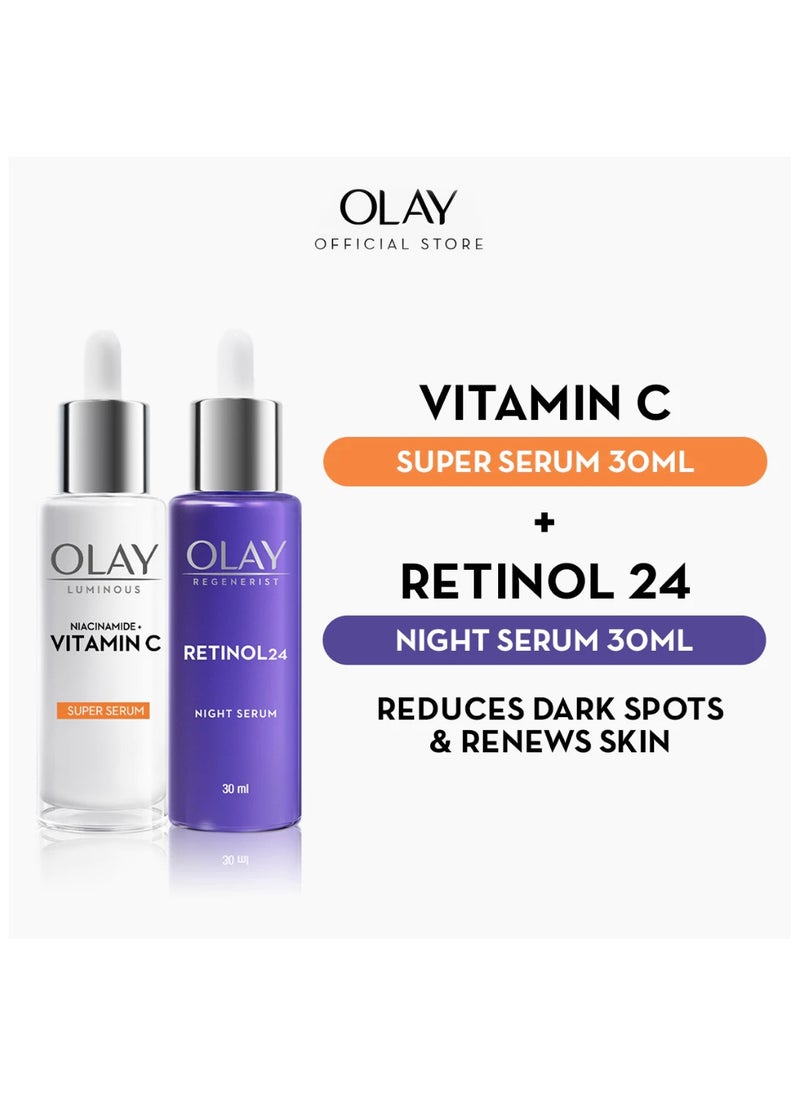 Olay Luminous Niacinamide + Vitamin C Day Super Serum Brightening & Retinol Night Serum Anti Aging Skincare 30ml + 30ml