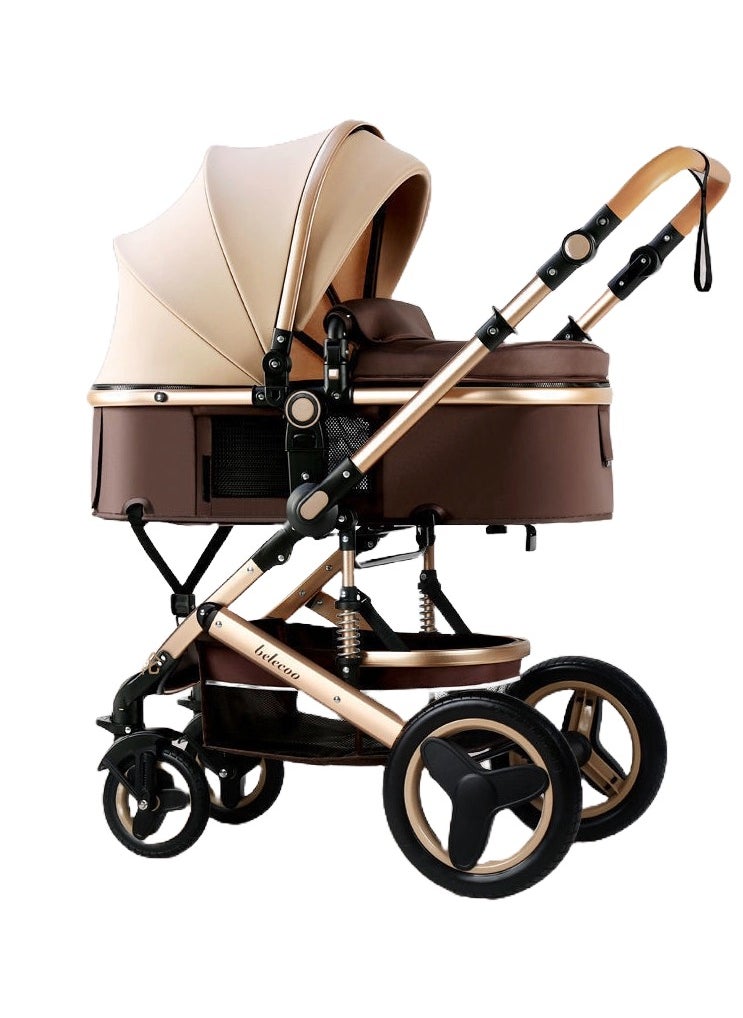 Belecoo Baby Stroller with High View,Double Push Rod Cans Sit and Lie Down Foldable,Four-Wheel Rubber Strong Shock Absorption,Large Space,Durable Suitable for Baby 0-3 Years - Khaki