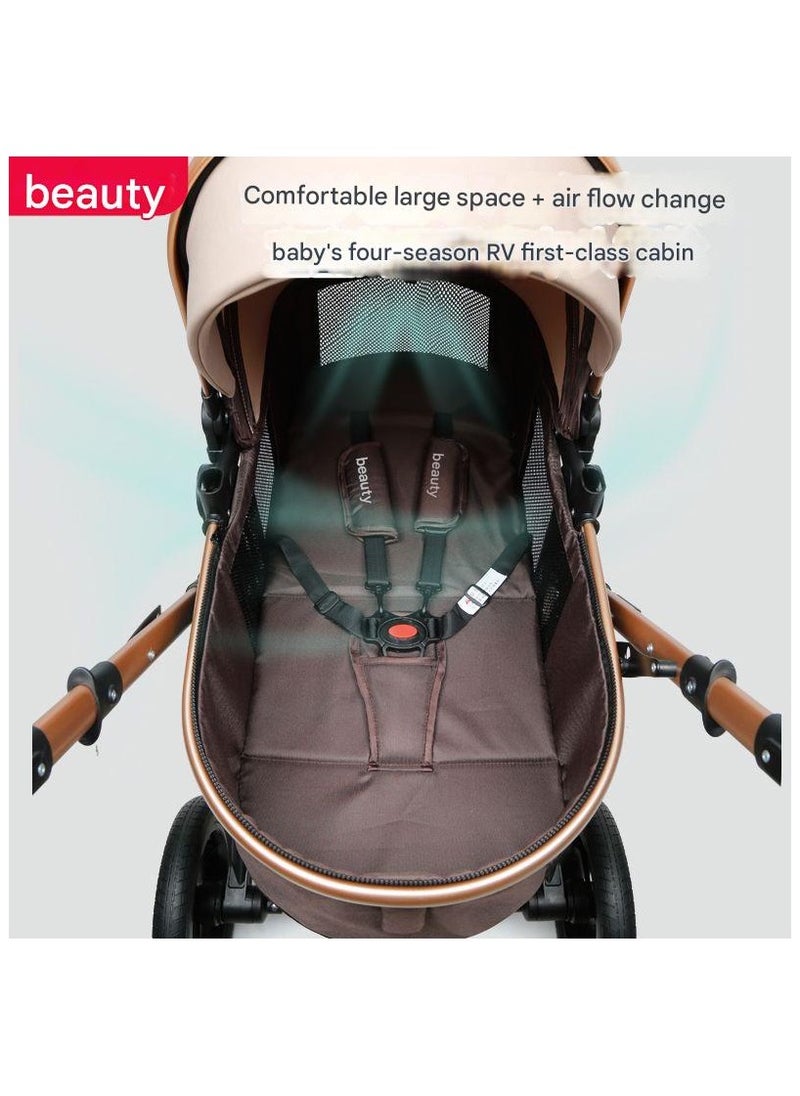 Belecoo Baby Stroller with High View,Double Push Rod Cans Sit and Lie Down Foldable,Four-Wheel Rubber Strong Shock Absorption,Large Space,Durable Suitable for Baby 0-3 Years - Khaki