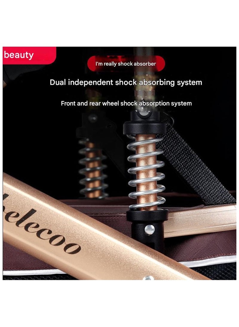 Belecoo Baby Stroller with High View,Double Push Rod Cans Sit and Lie Down Foldable,Four-Wheel Rubber Strong Shock Absorption,Large Space,Durable Suitable for Baby 0-3 Years - Khaki