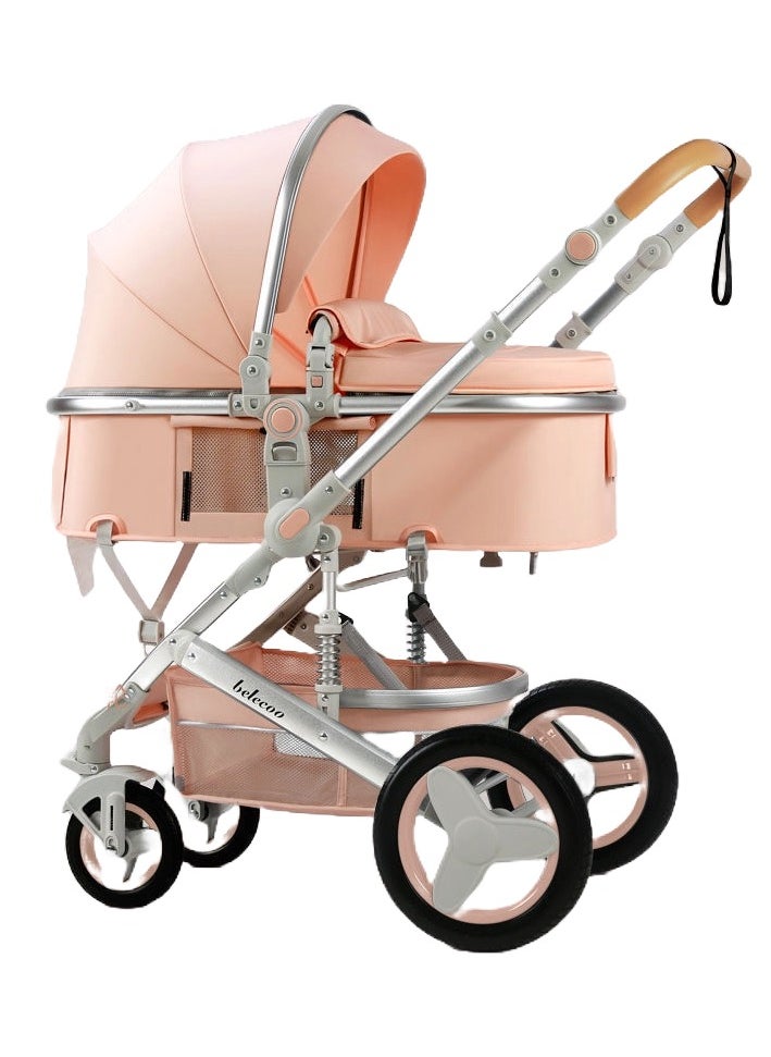 Belecoo Baby Stroller with High View,Double Push Rod Cans Sit and Lie Down Foldable,Four-Wheel Rubber Strong Shock Absorption,Large Space,Durable Suitable for Baby 0-3 Years - Pink