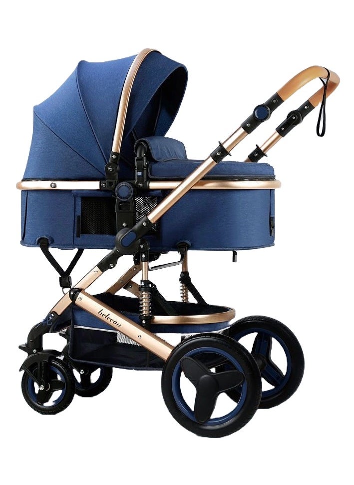 Belecoo Baby Stroller with High View,Double Push Rod Cans Sit and Lie Down Foldable,Four-Wheel Rubber Strong Shock Absorption,Large Space,Durable Suitable for Baby 0-3 Years (Blue)