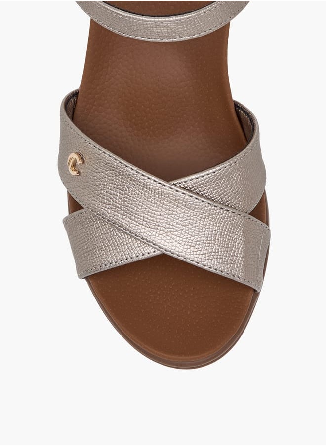 Women Textured Strap Sandals with Block Heels and Buckle Closure