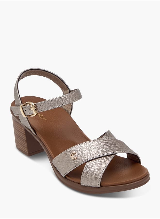 Women Textured Strap Sandals with Block Heels and Buckle Closure