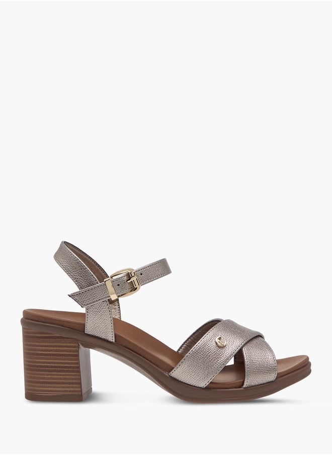 Women Textured Strap Sandals with Block Heels and Buckle Closure