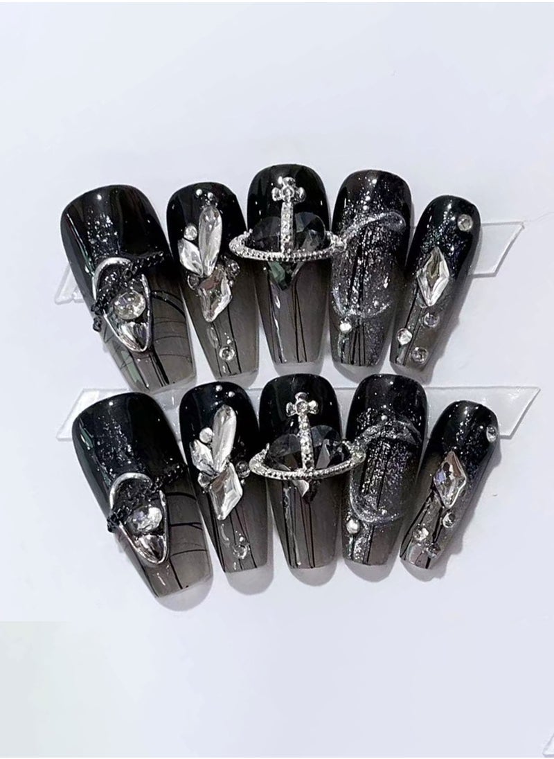 10 PCS Handmade False Nails, Fake Nails, Black Diamond Shimmer, Mid-length Press On Nails