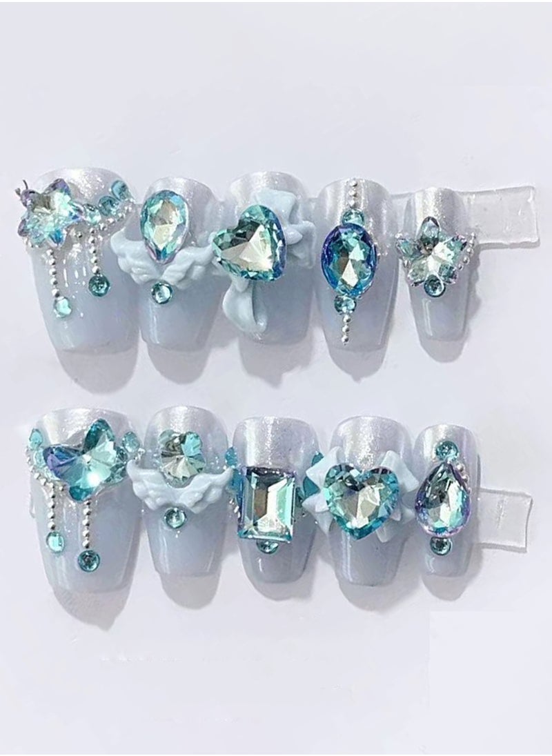 False Nails Blue Aquamarine Fairy Shimmer Diamond Wings Bow Press On Nails Manicure