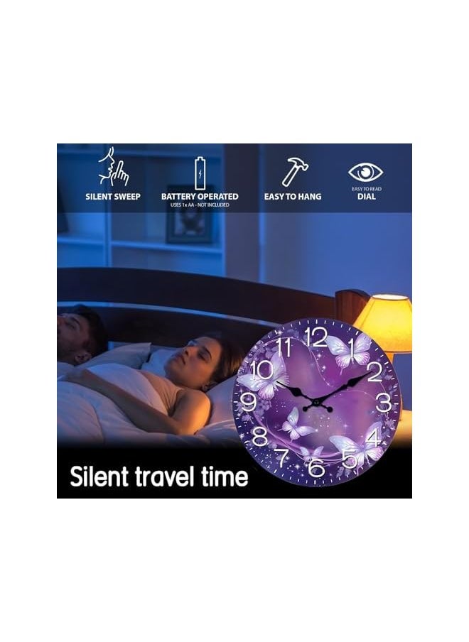 Purple Butterfly Wall Clock, Analog Butterfly Wall Clock, 12 Inch Simple Clock, Retro Wooden Wall Clock Living Room Silent Clock, Quartz Quiet Desk Clocks for Home Kitchen Bedroom Bathroom