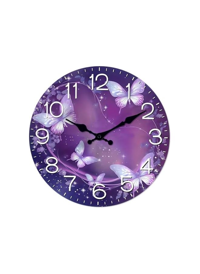 Purple Butterfly Wall Clock, Analog Butterfly Wall Clock, 12 Inch Simple Clock, Retro Wooden Wall Clock Living Room Silent Clock, Quartz Quiet Desk Clocks for Home Kitchen Bedroom Bathroom