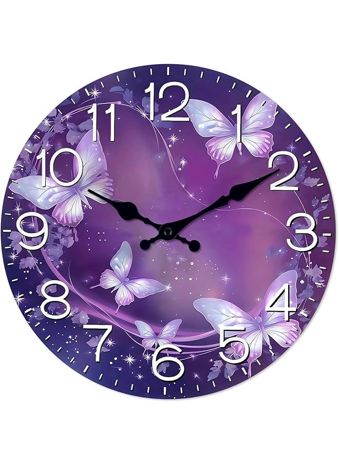 Purple Butterfly Wall Clock, Analog Butterfly Wall Clock, 12 Inch Simple Clock, Retro Wooden Wall Clock Living Room Silent Clock, Quartz Quiet Desk Clocks for Home Kitchen Bedroom Bathroom