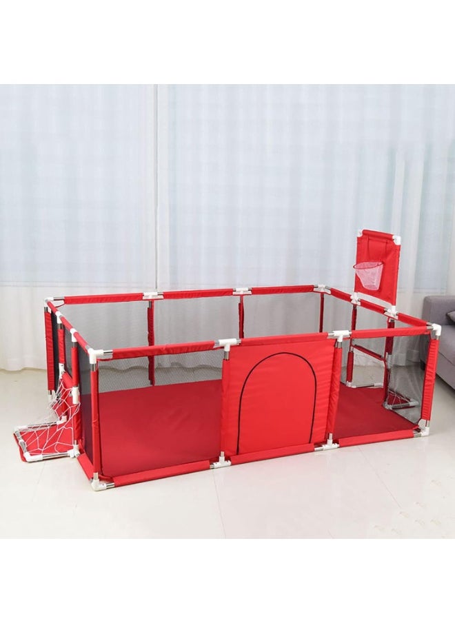 Kids Play Fence with Basketball Hoop & Ring Toss – Extra Long Safety Playpen for Toddlers & Babies, Indoor Outdoor Activity Center, Anti-Fall Game Yard with Educational Features
