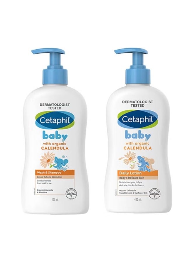 Pack Of 2 Cetaphil Baby Daily Lotion and Baby Wash and Shampoo with Natural Calendula - 400ml